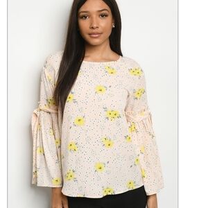 Floral Bell Sleeve Blouse S M L Yellow Boho Top Tie Sleeve Ruffle